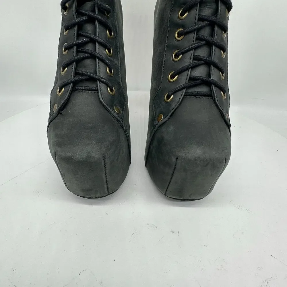 Jeffrey Campbell Lita Chunky Platform Gray Wooden Heel Leather Bootie Size 6.5